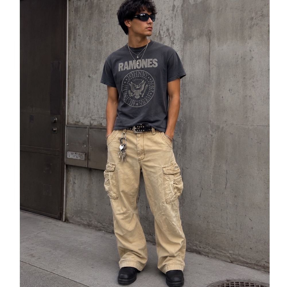 Y2K Unionbay Utility Cargo Pants Men 34 Tan Khaki Cotton 8 Pocket Sun Fade Baggy